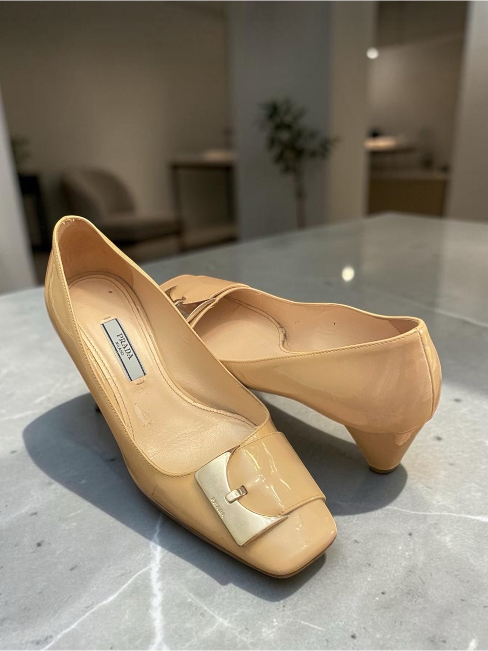 Prada Milano Patent Leather Nude Low Heel Pumps w/Buckle, Sz. 35, Fair - Picture 3 of 13